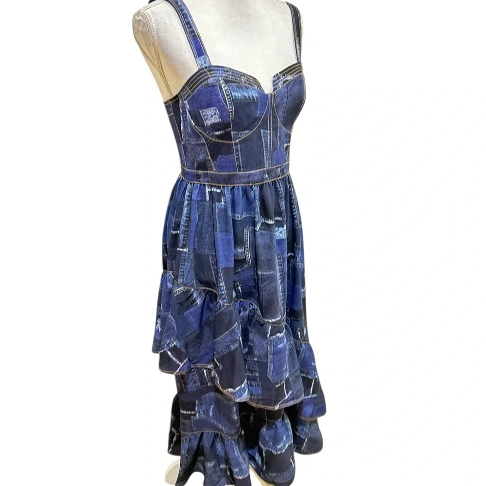 Cinq à Sept Jordyn Navy blue Patchwork tiered ruffle Midi cocktail Dress size 6 - Picture 6 of 16